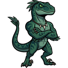 Fototapeta premium A cartoon dinosaur with sharp claws and teeth stands confidently outdoors.