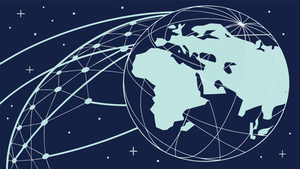 Naklejka premium 3D illustration of Earth globe and Moon in space showing global world map, continents, technology, internet communication, travel and business concept