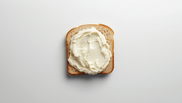 White background with bread and cream cheese viewed from directly above