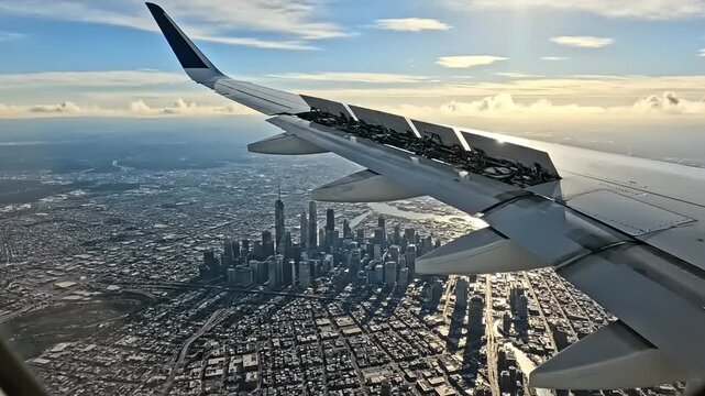 An airplane wing with flaps extended flies over a sprawling city. Sunlight bathes urban buildings and residential areas below.