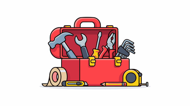 A red toolbox with tools and equipment scattered around it