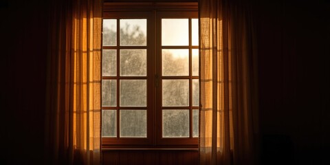 Obraz premium Warm daylight streaming in from a wide wooden window framed by flowing curtains with a gentle blur outside