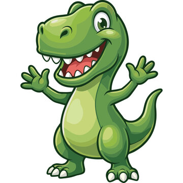 A cartoon green dinosaur character happily waves with its hands on a white background.