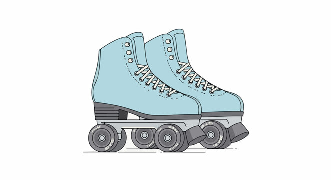 A pair of light blue roller skates with white laces sits on a white background