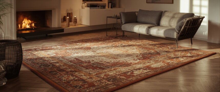 Warm and stylish living space showcasing a handwoven rug and ambient fireplace glow