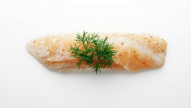 Top perspective of fresh raw cod fillet and dill on white background