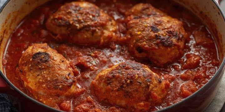 Baked chicken thighs cooking in tomato sauce