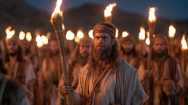 Gideon and his servants destroying the altar of Baal and Asherah under cover of darkness.