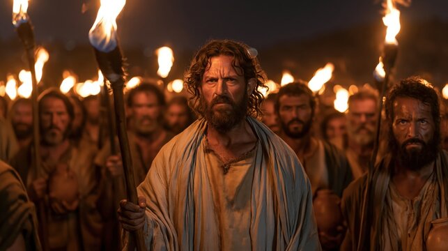 Gideon and his servants destroying the altar of Baal and Asherah under cover of darkness.
