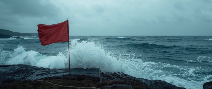 Red warning flag on rocky shore with crashing waves