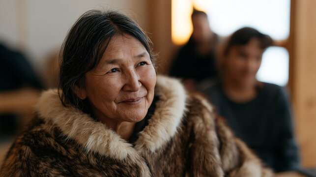 Inuit grandmother in a warm community center sits across from a youth navigating an AI recommendation interface that repeatedly suggests irrelevant content for their location and