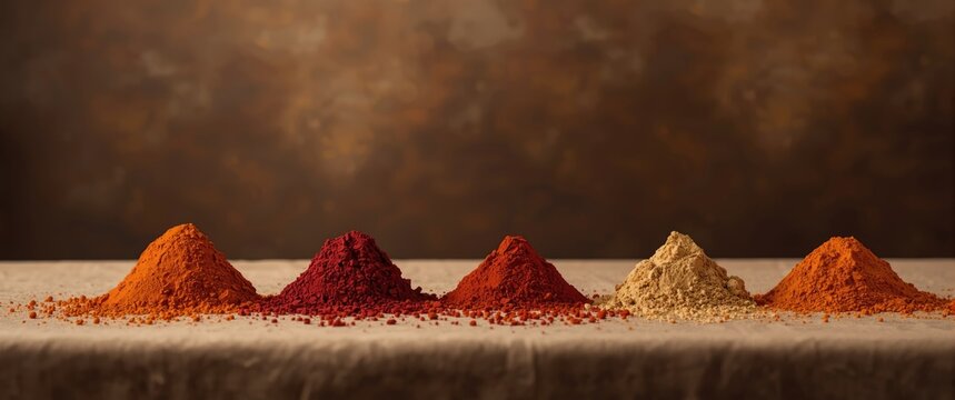 Piles of colorful spices on a textured surface