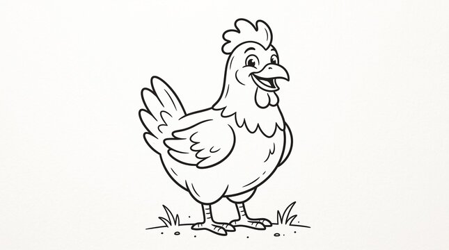 Smiling Chicken Outline Illustration Cute Farm Bird Cartoon Coloring Design