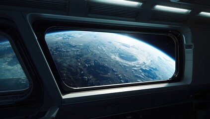 Naklejka premium Sleek spaceship cabin featuring Earth landscape through main window