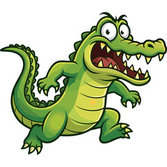 Fototapeta premium An angry cartoon crocodile runs quickly on land with sharp teeth.