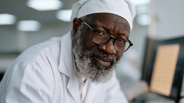 Elderly Nigerian engineer in a sterile semiconductor fabrication cleanroom examines glowing wafer circuits under overhead lighting, tension visible on his face as AI chip thermal