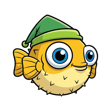 Cartoon pufferfish wearing green hat.