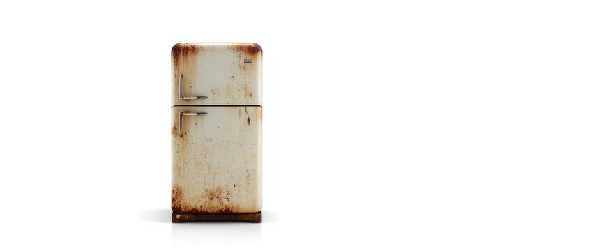 Old rusty fridge standing against a stark white backdrop