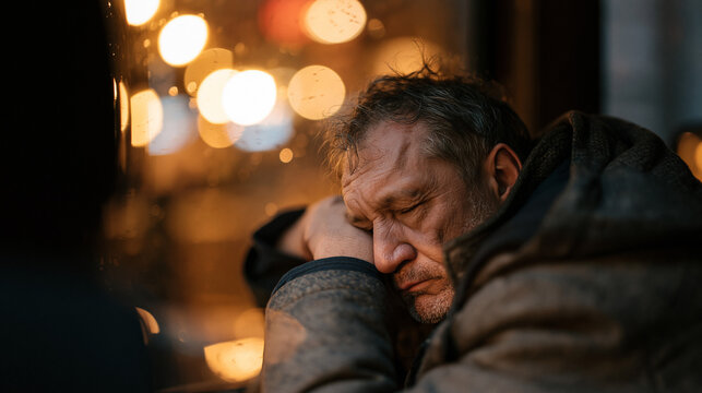 Sami man in his thirties sitting alone in a parked vehicle outside a busy restaurant, forehead resting against the steering wheel, rain on windows softening the crowd noise