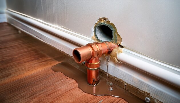 opened drywall cavity exposing copper pipe with clamp and dripping moisture indicating leak detection and water damage