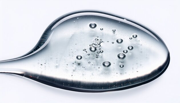 close up macro shot of clear cosmetic gel texture from a face serum droplet on white background