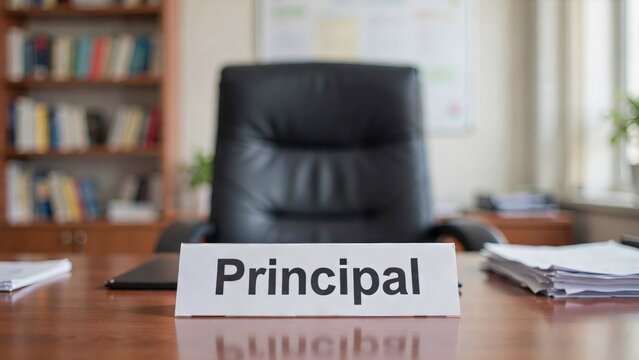 Principal nameplate on a wooden desk in a blurred school office