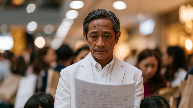 Filipino father stands in a crowded December shopping mall surrounded by bags and people, checking a long handwritten gift list with a tired but determined expression, overhead