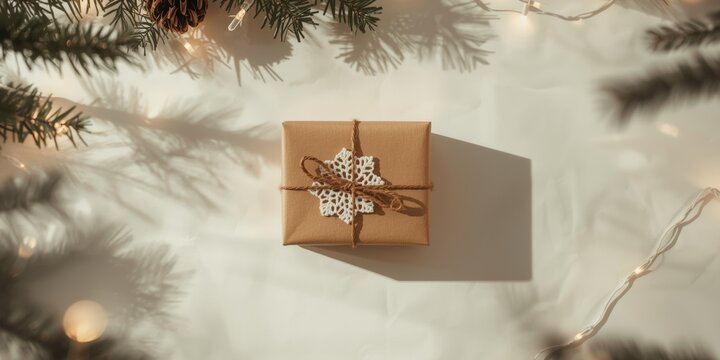 Gift box wrapped in brown paper with twine decorations