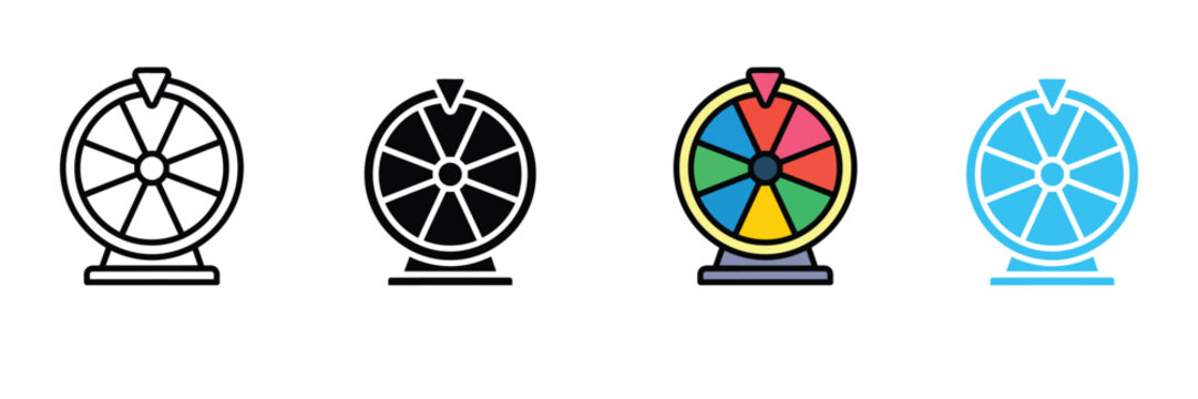 Wheel of fortune icon set, casino gambling game symbol, lucky prize spin activity vector