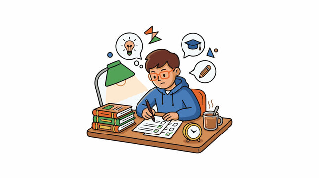 A boy studies at a desk with books lamp and mug
