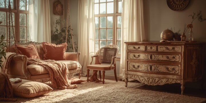 Interior boho composition with a cozy swing and bench near a window and commode on soft beige carpet