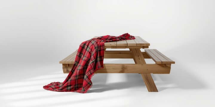 Traditional wooden picnic table with benches topped by red tartan cloth on clean white background