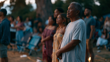 Obraz premium Elderly Filipino couple and their adult children stand in an aftermath moment at a Fourth of July park, folding chairs still open, grass littered with spent sparkler sticks and
