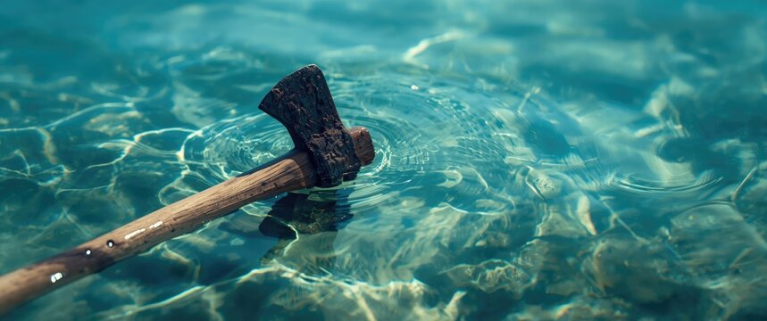 Weathered axe partially submerged in crystal clear blue waters