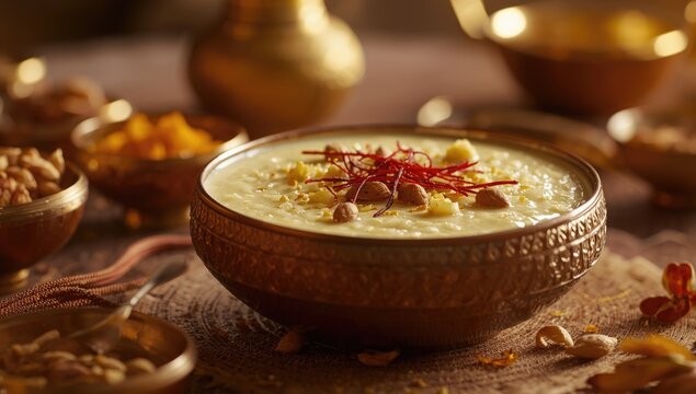 Indian dessert Khir Kheer presented in a bowl with celebratory garnish for festivals