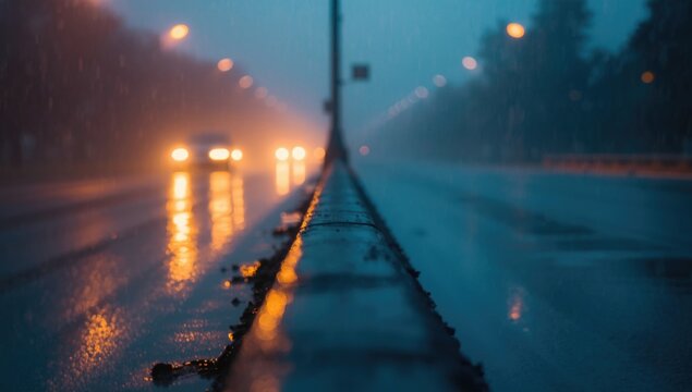 Rain soaked urban road captured with car lights glowing near the central divider blending warm orange and cool blue shades