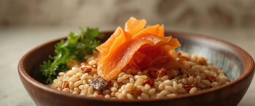 Moji barley rice platter with fermented bean curd and smoked salmon in Asian culinary presentation