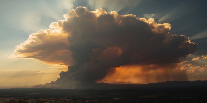 Wildfire smoke plume topped with pyrocumulus cloud under intense sunlight