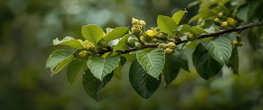 Shagbark hickory branch displaying fresh compound leaves developing from bud formations in spring