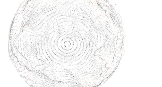 Intricate black and white swirling lines create a complex abstract spherical design with central con