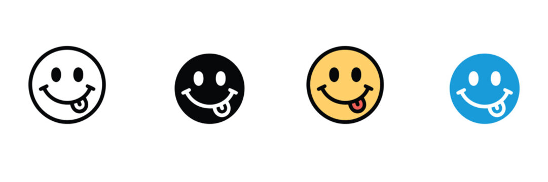 Smiley face with tongue out icon set, happy emotion character symbol, playful fun expression emoticon vector