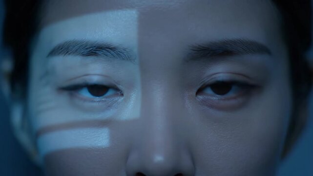 Close up of an asian woman's eye while light patterns project onto her face showing technology and mystery