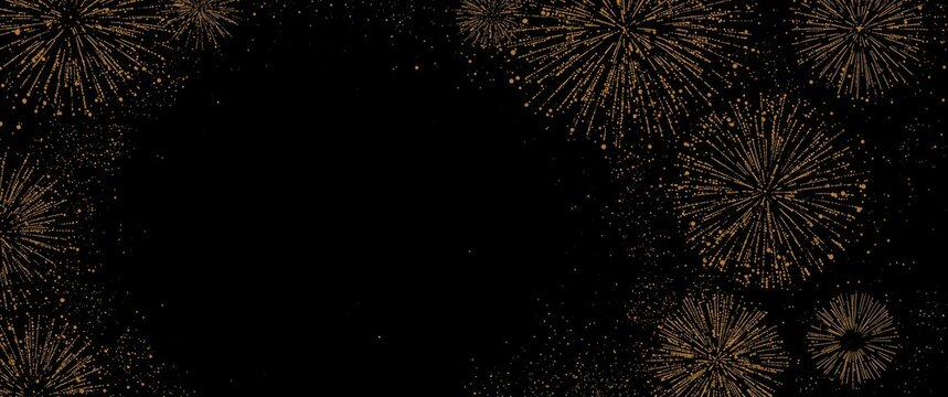 Sophisticated golden fireworks border design over black backdrop with message space