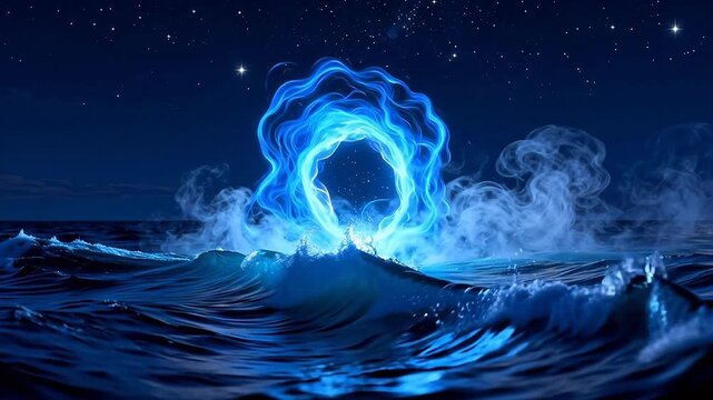 Mystical portal in ocean at night
