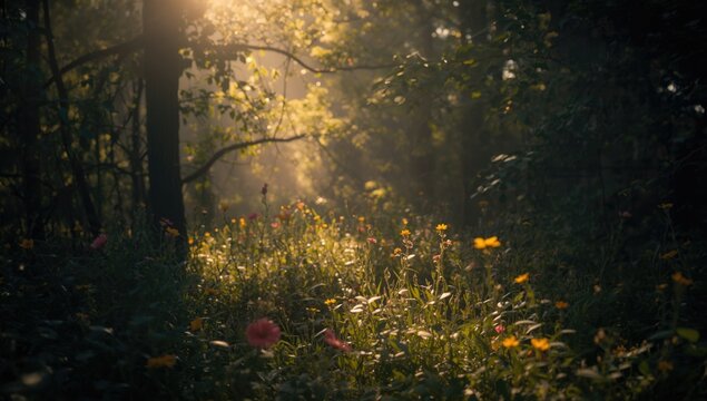 Sunlight spots and soft shadows overlaying a peaceful summer natural scene