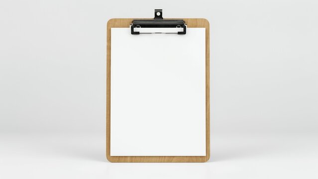 Wooden clipboard with blank white paper sheet on light gray background