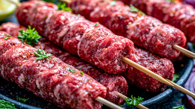 Raw beef kofta kebabs on wooden skewers prepared for grilling with barbecue, seasoned