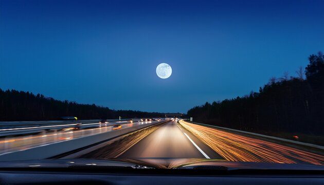 a dashcam mounted to a car s windshield shows a view of a highway at night the moon is out and the headlights of the car in front can be seen