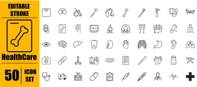 Set of 50 medical and healthcare line icons for hospital and doctor procedures