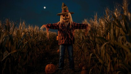 Fototapeta premium Scarecrow standing in a cornfield at night